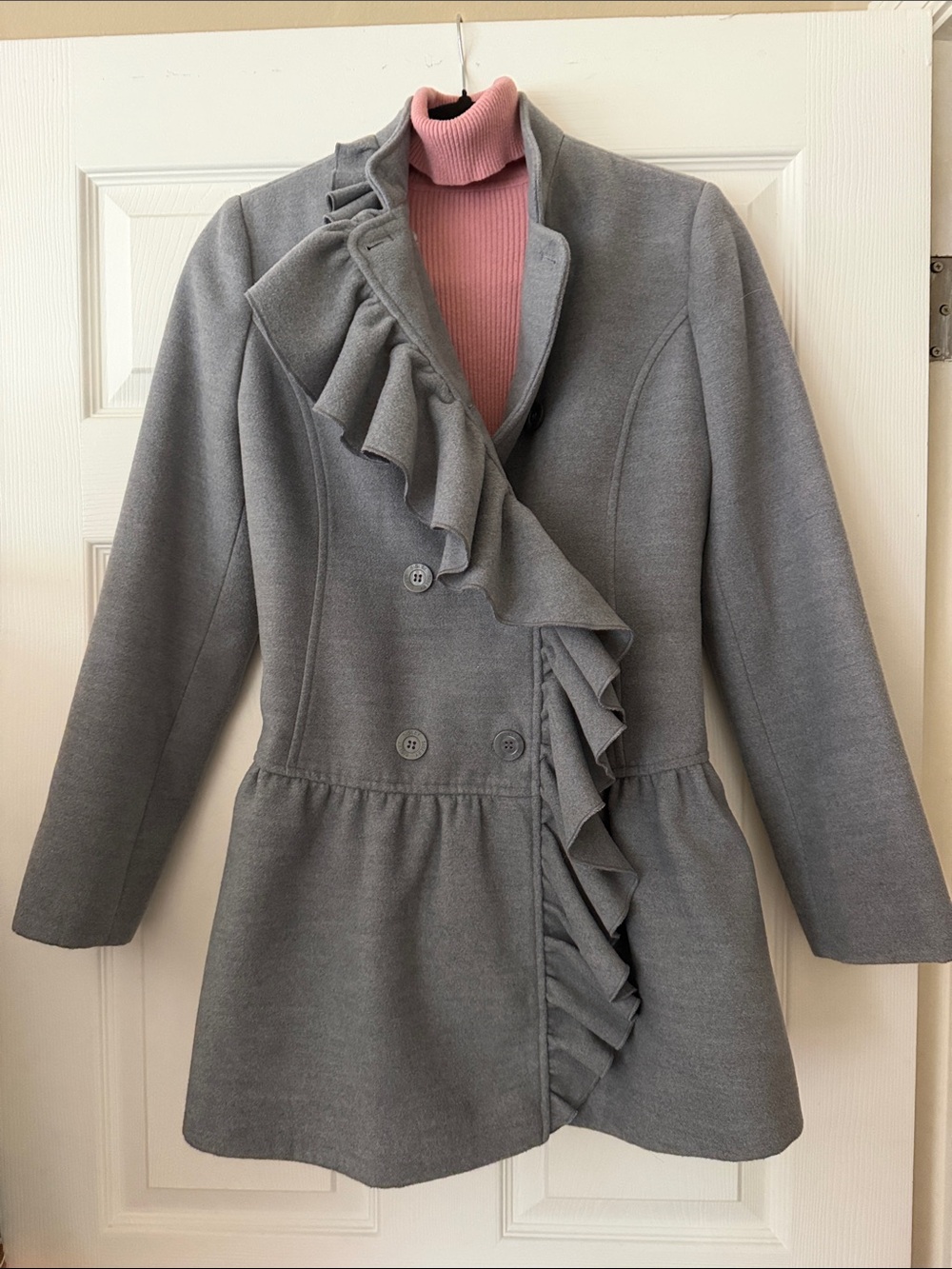 Womens Gray Ruffle Front Peacoat, Like new. Sale $25